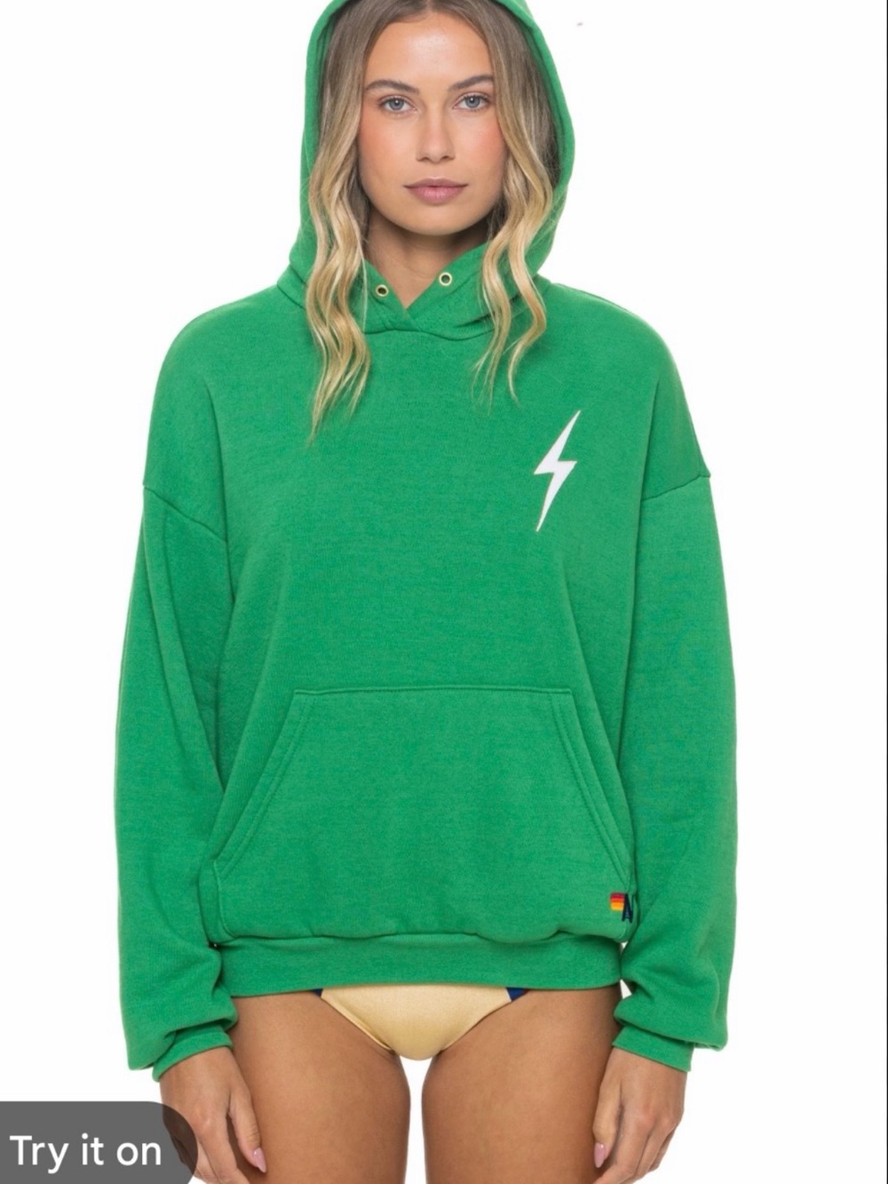Aviator Nation Bolt Stitch Relaxed Pullover Hoodie in Kelly Green/White Size XL
